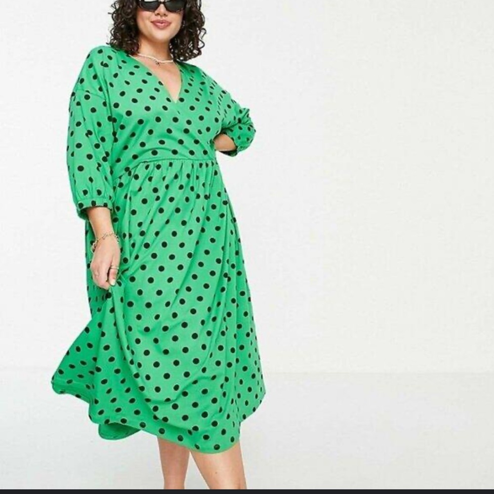 ASOS Curve 100% Cotton Green Black Polka Dot V-Neck Stretchy Midi Dress NWT 12